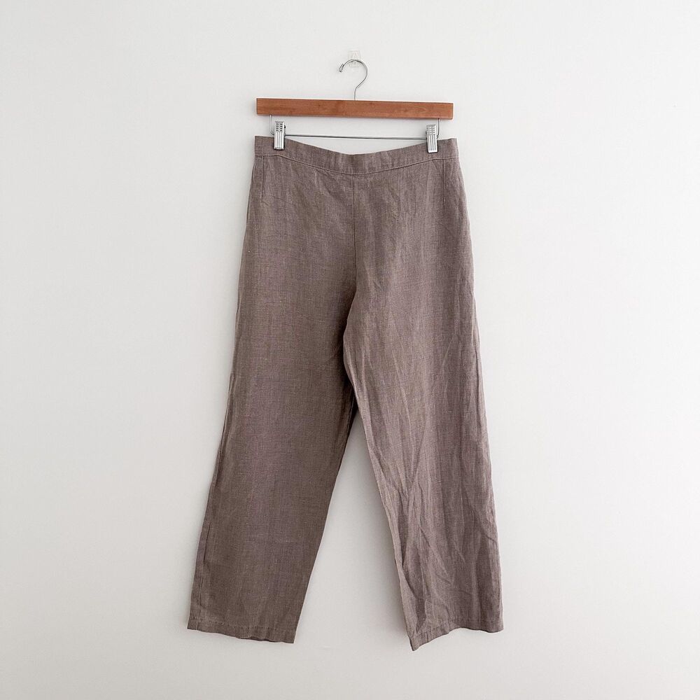 100% Linen Wide Leg Pants Taupe Trousers Relaxed Minimalist Capsule Size M